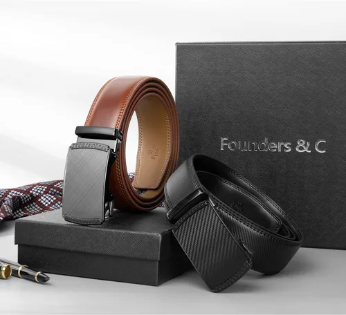 Vista 7 de Founders & C Cinturón para hombre, 2 unidades, vestido de cuero con trinquete con hebilla deslizante de 1 38 pulgadas en caja de regalo