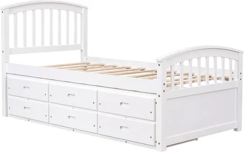 Vista 3 de Merax Cama de almacenamiento de plataforma de madera maciza de tamaño individual con 6 cajones, no necesita somier, color blanco