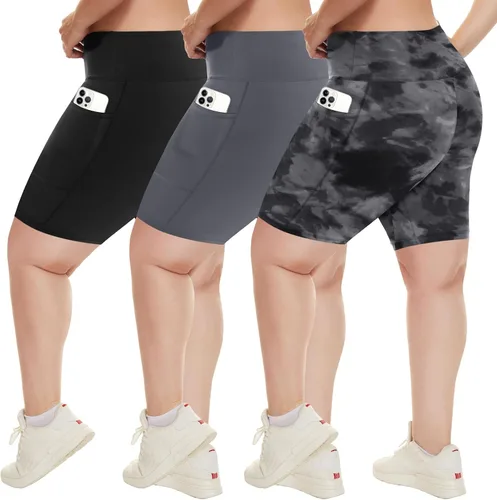 Vista 41 de HLTPRO 3 Pack Plus Size Biker Shorts for Women, Pocket & No-Pocket Options Negro/Beige Rosa/ Gris