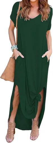 Vista 2 de GRECERELLE - Vestido largo para mujer, estilo holgado con bolsillos, manga corta y abertura lateral