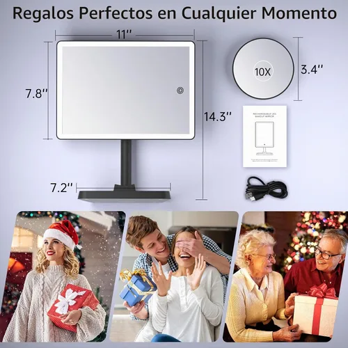 Vista 6 de FUNTOUCH Espejo de tocador de maquillaje recargable con luces, espejo de escritorio grande iluminado con 96 luces LED y aumento de 10x, iluminación