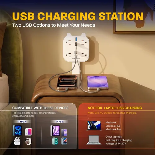 Vista 4 de Barra extensora de toma, enchufe de pared giratorio de 360° con 4 salidas de CA, carga rápida USB-C PD de 20 W, 2 puertos USB-A y 2 puertos USB-C