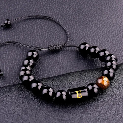 Vista 25 de SUMMER LOVE Regalos para el Día del Padre, pulsera con inicial de piedra de ónix negro de 0.394 pulgadas para hombres, pulsera de cuerda trenzada