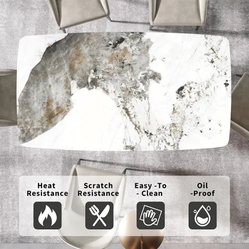 Vista 3 de Mesa de comedor moderna, mesa de piedra sinterizada blanca antigua con base de acero al carbono sólido en forma de X negra, mesa de comedor Blanco