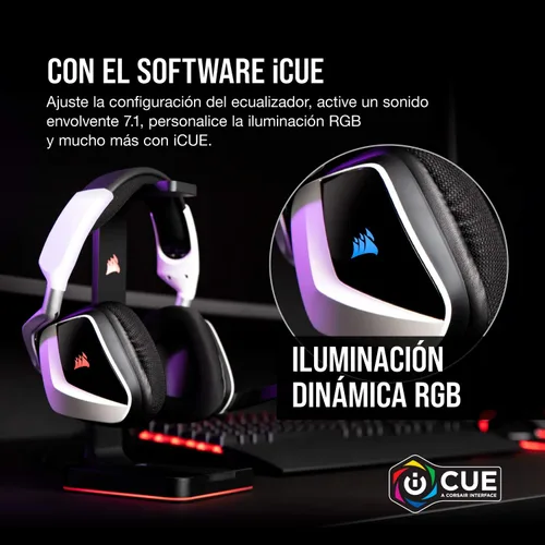 Vista 7 de Corsair Void RGB Elite - Auriculares inalámbricos para juegos, sonido envolvente 7.1, micrófono omnidireccional, almohadillas de malla