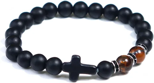 Vista 2 de 2 pulseras de cuentas de piedra de ojo de tigre con cruz curativa para mujeres, hombres, niñas, niños, adolescentes, ágata mate, cristal de piedras