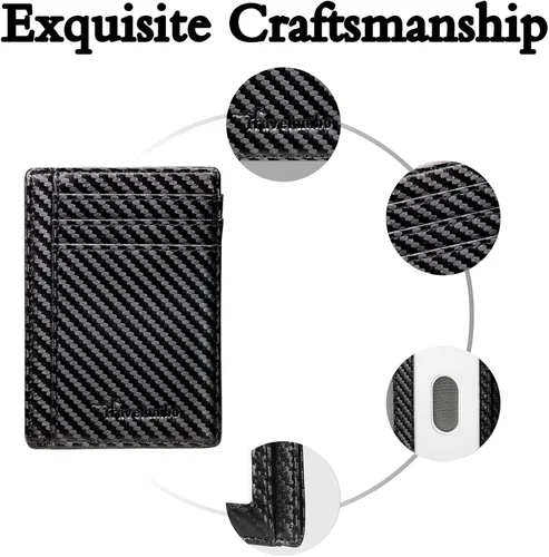 Vista 8 de Travelambo Cartera delgada de cuero minimalista con bolsillo frontal, bloqueo RFID, textura de fibra de carbono