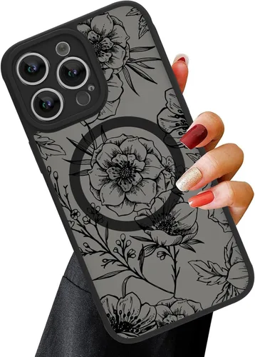 Vista 16 de OOK Funda magnética para iPhone 13 Pro Max [compatible con MagSafe] Funda delgada translúcida mate con flor silvestre negra, protección para lente
