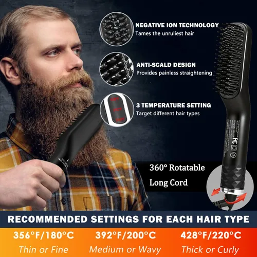 Vista 3 de Alisador de barba para hombres, cepillo térmico de alta calidad con función antiquemaduras, peine alisador de barba, regalo único para el día