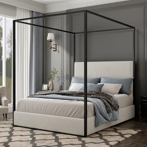 Vista 15 de Cama de Plataforma con Dosel de 4 Postes de Lujo Moderna Tamaño Queen con Cabecera Alta Tapizada en Terciopelo, Marco de Cama de Plataforma