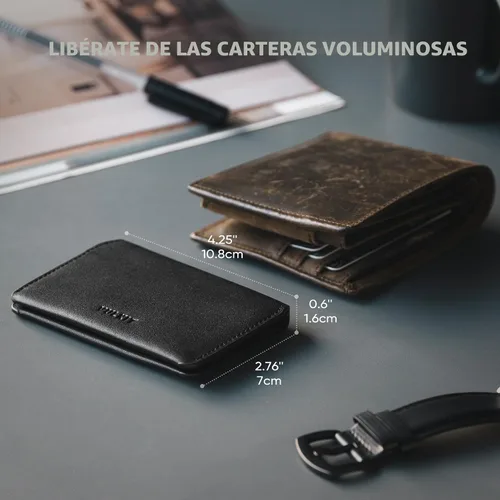 Vista 4 de VULKIT Portafolios de cuero con bloqueo RFID delgado minimalista con cierre magnético tarjetero de tarjetas de crédito con bolsillo frontal, Negro