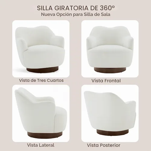 Vista 5 de Silla giratoria decorativa, silla tapizada de barril con diseño de respaldo de camello curvas, moderna silla con brazo con base de madera para sala