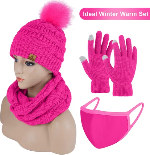 Vista 5 de URATOT Conjuntos de punto cálido de invierno, gorro de punto, bufanda, cubierta facial, guantes para pantalla táctil, para hombres y mujeres