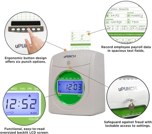 Vista 2 de uPunch HN1500, paquete inicial de reloj registrador para pequeñas empresas: sistema de reloj de punzonado para empleados con 100 tarjetas, estante