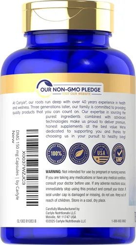 Vista 3 de Carlyle DMG N-dimetilglicina 150 mg 180 cápsulas Suplemento sin OMG, sin gluten