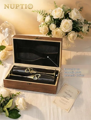 Vista 3 de NUPTIO - Copas de champán de cristal, regalos de boda para parejas, dorado, juego de 2