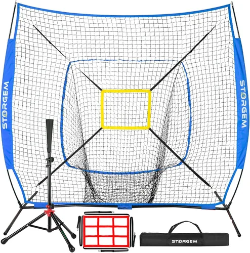 Vista 12 de Storgem Baseball and Softball Practice Net 7×7ft Portable Hitting Pitching Batting Training Net Baseball Backstop Net with Batting Tee and Strike