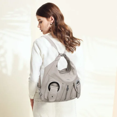 Vista 6 de Angel Kiss Bolso de mano estilo hobo para mujer, bolso de hombro cruzado amplio, bolso de mano con asa superior de cuero sintético lavado