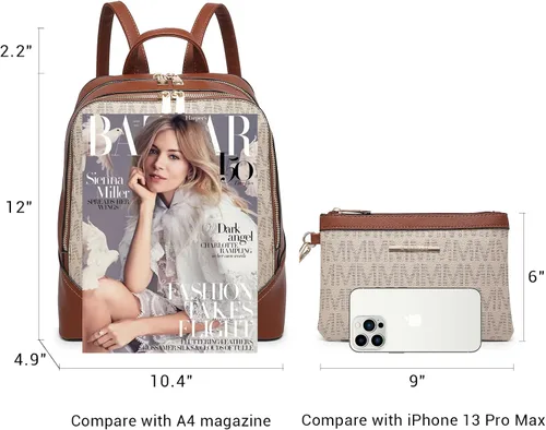Vista 5 de MKP - Mochila mediana con doble cremallera para mujer de piel sintética para niñas y damas bolsa de hombro de viaje 2 unidades Beige Mochilas tipo