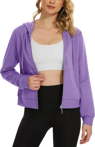 Vista 3 de MAGCOMSEN Sudadera corta con capucha para mujer, forro polar, con cremallera completa, con bolsillos