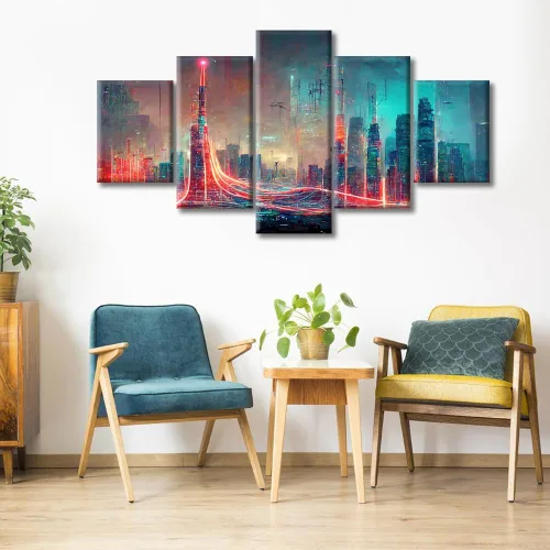 Vista 95 de Cuadros de 5 paneles de Cyberpunk City, arte de pared, representación de vallas publicitarias, edificios modernos en la capital con obras de arte