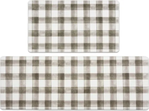 Vista 15 de FRESHMINT Juego de 2 piezas de alfombrillas de cocina estilo granja moderna con cuadros antifatiga para piso, impermeables y antideslizantes Beige