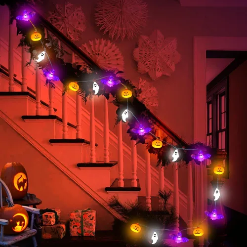 Vista 8 de Luces de Cadena de Halloween, 16.4 pies, 30 LED, Calabaza Murciélago Fantasma, Funciona con Pilas, Luces Naranjas y Moradas con Efecto Naranja