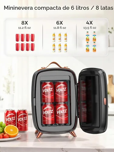 Vista 8 de COWSAR Mini refrigerador para dormitorio con espejo de luz LED regulable, refrigerador para el cuidado de la piel de 6 litros/8 latas con mango Negro