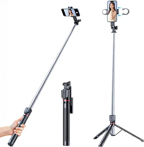 Vista 9 de Palo selfie con luz, trípode extensible todo en 1 con control remoto inalámbrico desmontable, soporte portátil para teléfono celular, trípode ligero