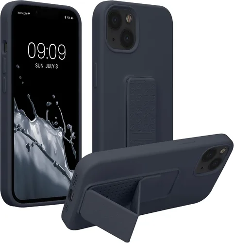 Vista 8 de kwmobile Funda compatible con Apple iPhone 13 - Funda con correa de mano y soporte revestimiento de silicona TPU suave - Azul Báltico