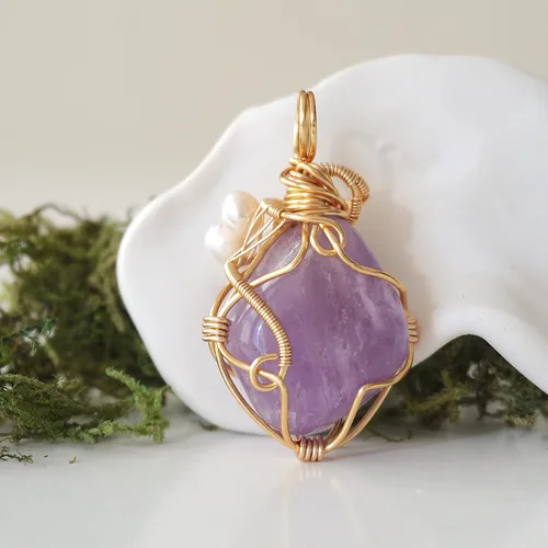 Vista 8 de Collar de cristal llamativo con piedra natal y perla para mujer - chapado en oro