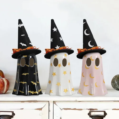 Vista 2 de DAZONGE Decoración de Halloween para interiores, juego de 3 fantasmas de cerámica con sombreros de bruja, bonitas figuras de fantasmas espeluznantes