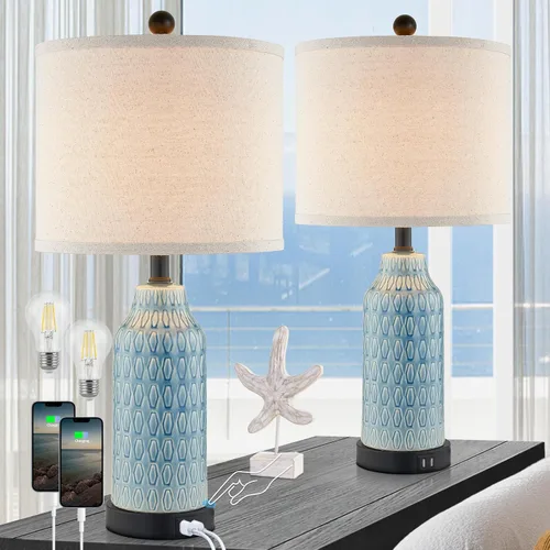 Vista 12 de Touch Table Lamp for Bedroom Nightstand, Cream Farmhouse Vintage Rustic 3-Way Dimmable Bedside Lamps with 2 USB Charging Ports,Single Cream