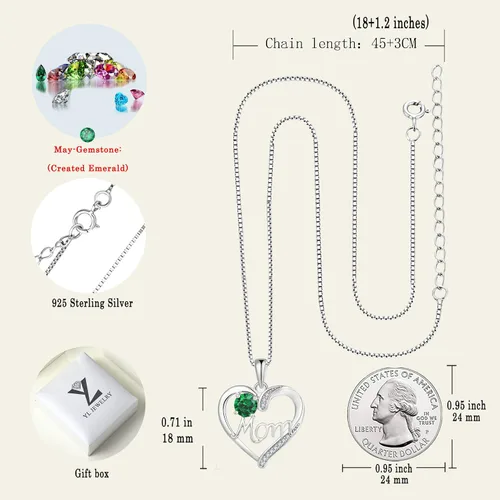 Vista 6 de YL Collar de corazón de plata de ley 925 para mujer, colgante de amor a mamá, joyería de piedra natal para madre