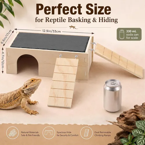 Vista 2 de 2 in 1 Bearded Dragon Basking Platform with Hide, Slate Tiles for Reptiles