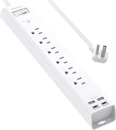 Vista 9 de Regleta protectora contra sobretensiones con USB C, cable de extensión de enchufe plano con 6 salidas de CA, 4 USB (2 USB C), montaje en pared, 5