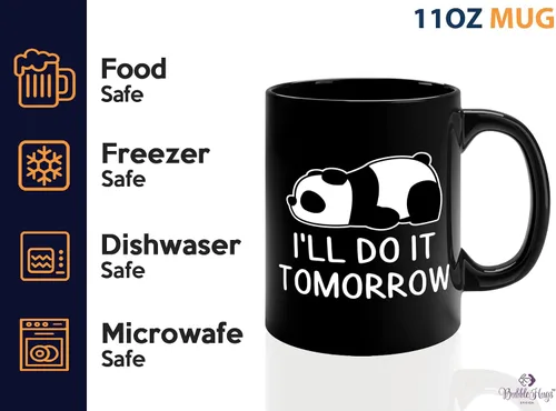 Vista 4 de Animal Lover - Taza de café de 11 onzas, color negro, I'll Do It Tomorrow, divertido animal panda amante del zoológico comiendo lindo panda