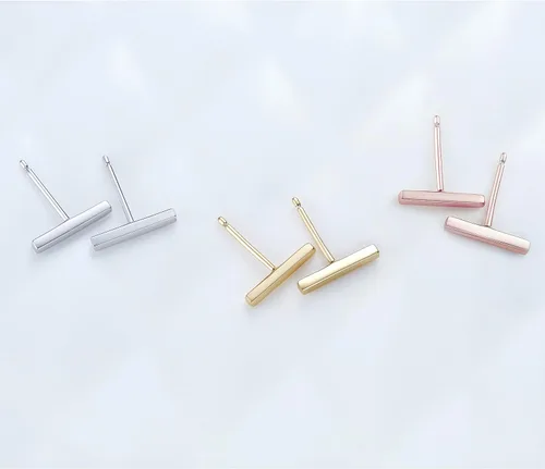 Vista 6 de S.Leaf Sterling Silver Stud Earrings for Women Gold Plated Tiny Dot I Bar Earrings Dainty Simple Earrings for Women (14k Gold)