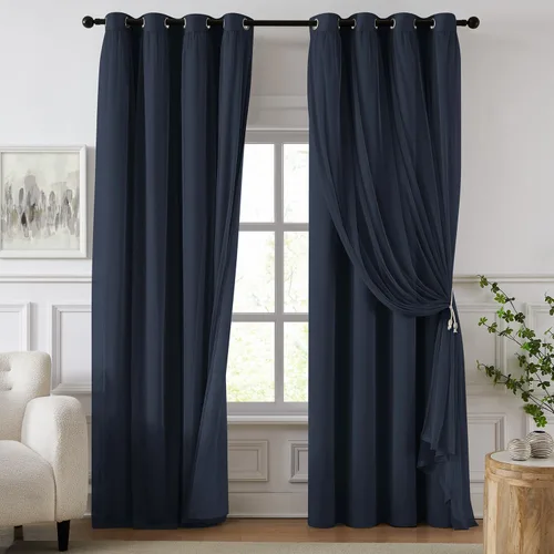 Vista 23 de cortinas 100% opacas para dormitorio, cortinas rosadas de doble capa, cortina oscura de 96 pulgadas de largo con superposición transparente