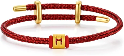 Vista 13 de ZHOU LIU FU Pulsera de Oro de 24K con Dijes de Iniciales, Pulseras Ajustables de Cadena Roja con Dijes de Letras y Corazón A-Z, Brazalete Apilable