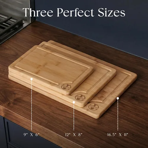 Vista 12 de Deer & Oak Juego de tablas de cortar de bambú de 3 piezas, tablas de cortar de madera previamente engrasadas para cocinas de 13.0 x 9.4 in, 11.0 x