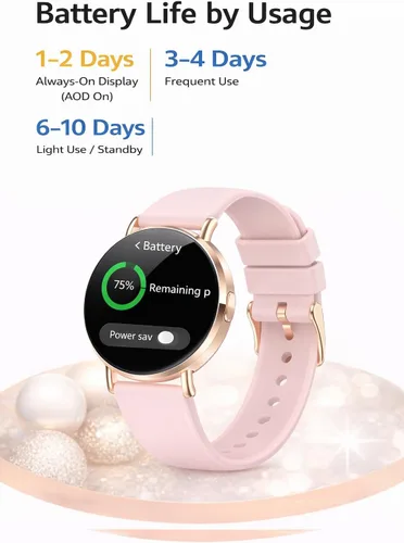 Vista 6 de Relojes inteligentes para mujer, pulseras pequeñas, correa de silicona rosa de 1.614 in, reloj inteligente con llamada Bluetooth, pantalla AMOLED