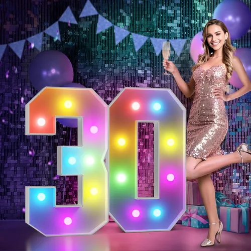 Vista 7 de Imprsv Letras coloridas de marquesina de 3 pies y letras grandes iluminadas RGB con control remoto, decoraciones de fiesta de cumpleaños Carta