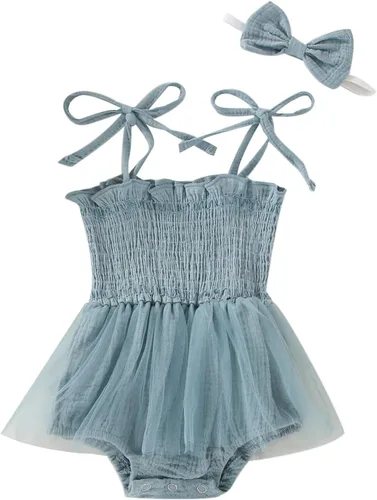 Vista 14 de Body sin mangas para bebé recién nacida con cuello halter y volantes, mameluco enterizo con diadema, conjunto de ropa de verano Albaricoque