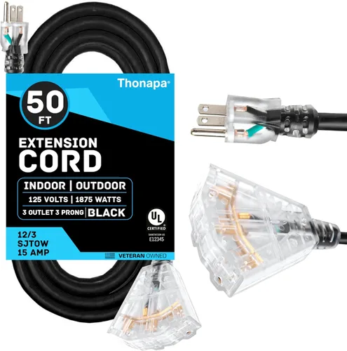 Vista 12 de THONAPA SJTOW - Cable de extensión resistente de 25 pies con 3 tomas, resistente al aceite, calibre 12, con múltiples tomas de corriente de 3 Negro