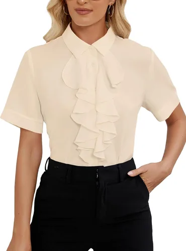 Vista 19 de Vrtige Women's Ruffle Front Collar Neck Button Down Short Sleeve Blouse Shirt Top