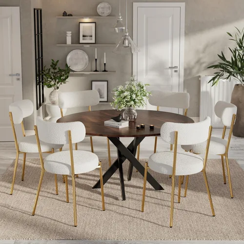 Vista 13 de Moderno juego de mesa de comedor redonda de 3 piezas, mesa de MDF circular negra y 2 sillas de comedor negras Boucle, muebles de cocina con marco