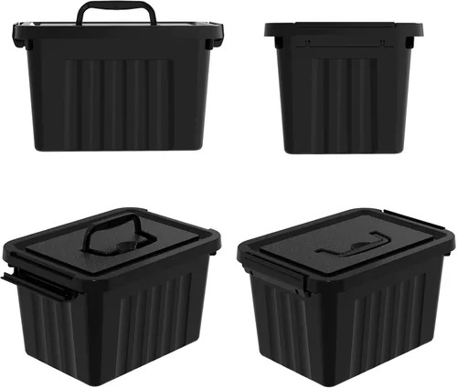 Vista 5 de Cubo de almacenamiento de plástico negro con tapa transparente y asa gris, 6 paquetes