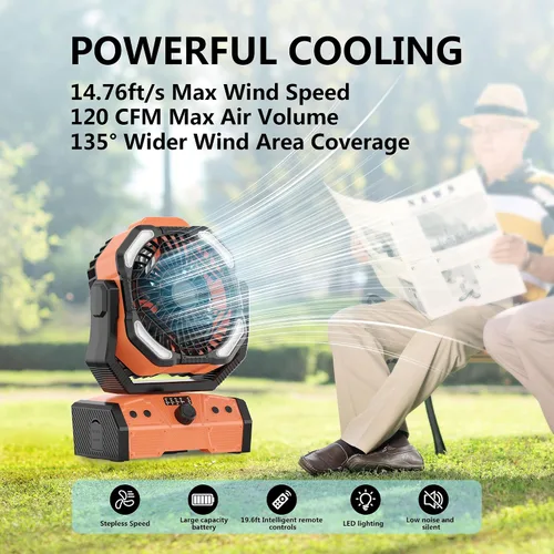 Vista 3 de Easywave Ventilador de camping con linterna LED: tienda de campaña de 20000 mAh recargable con batería para exteriores, ventilador oscilante