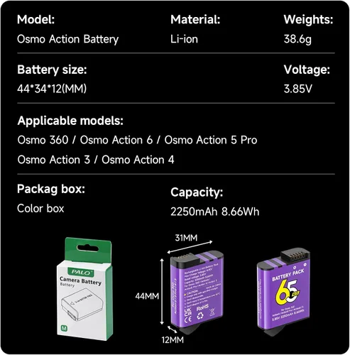 Vista 7 de Batería de 2250 mAh para Osmo Action 6, 2 baterías de repuesto, compatible con Osmo 360, Osmo Action 6, Osmo Action 5 Pro, Osmo Action 4, Osmo